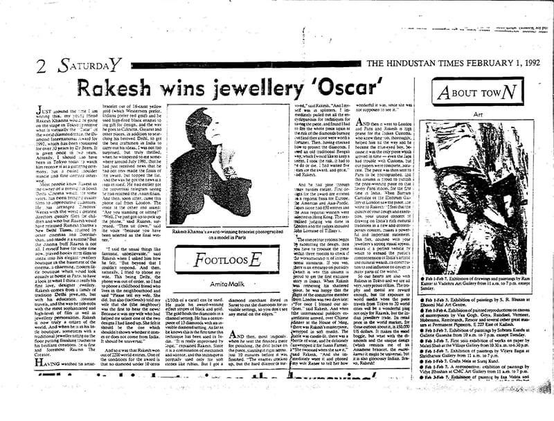 The Hindustan Times, 1 February 1992, Rakesh wins jewellery Oscar