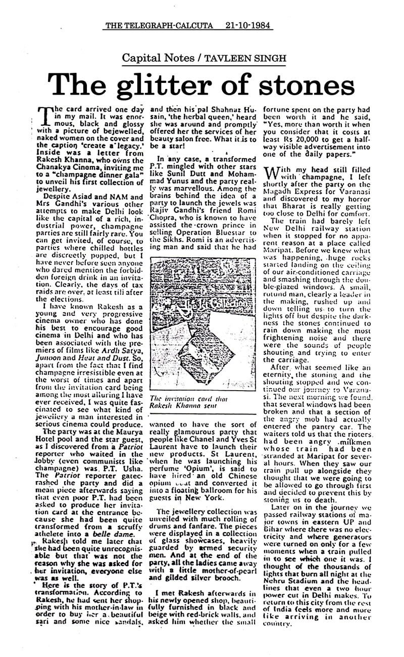The Telegraph Calcutta, The Glitter of Stones, by Tavleen Singh