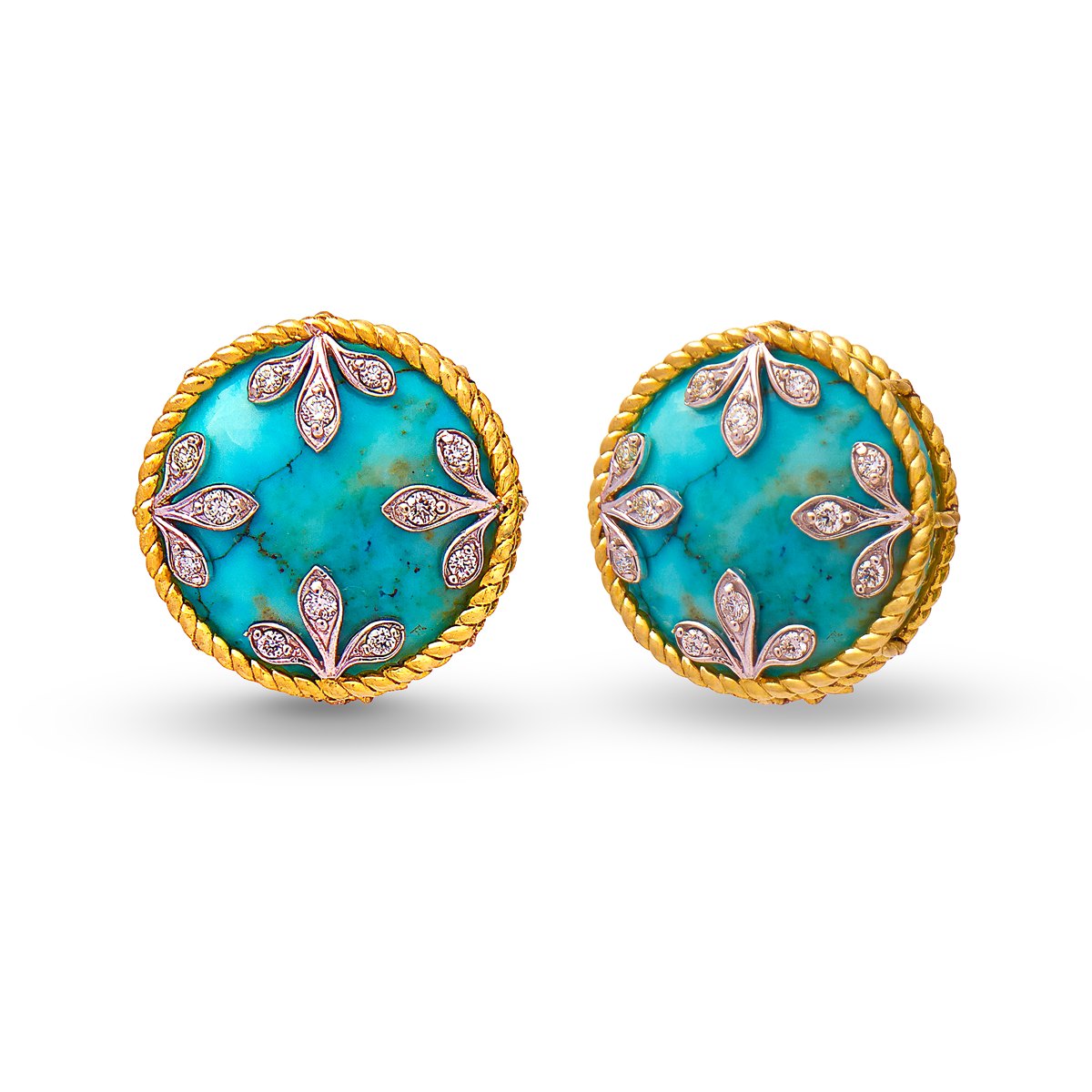 Turquoise and diamond stud earrings with gold rope border