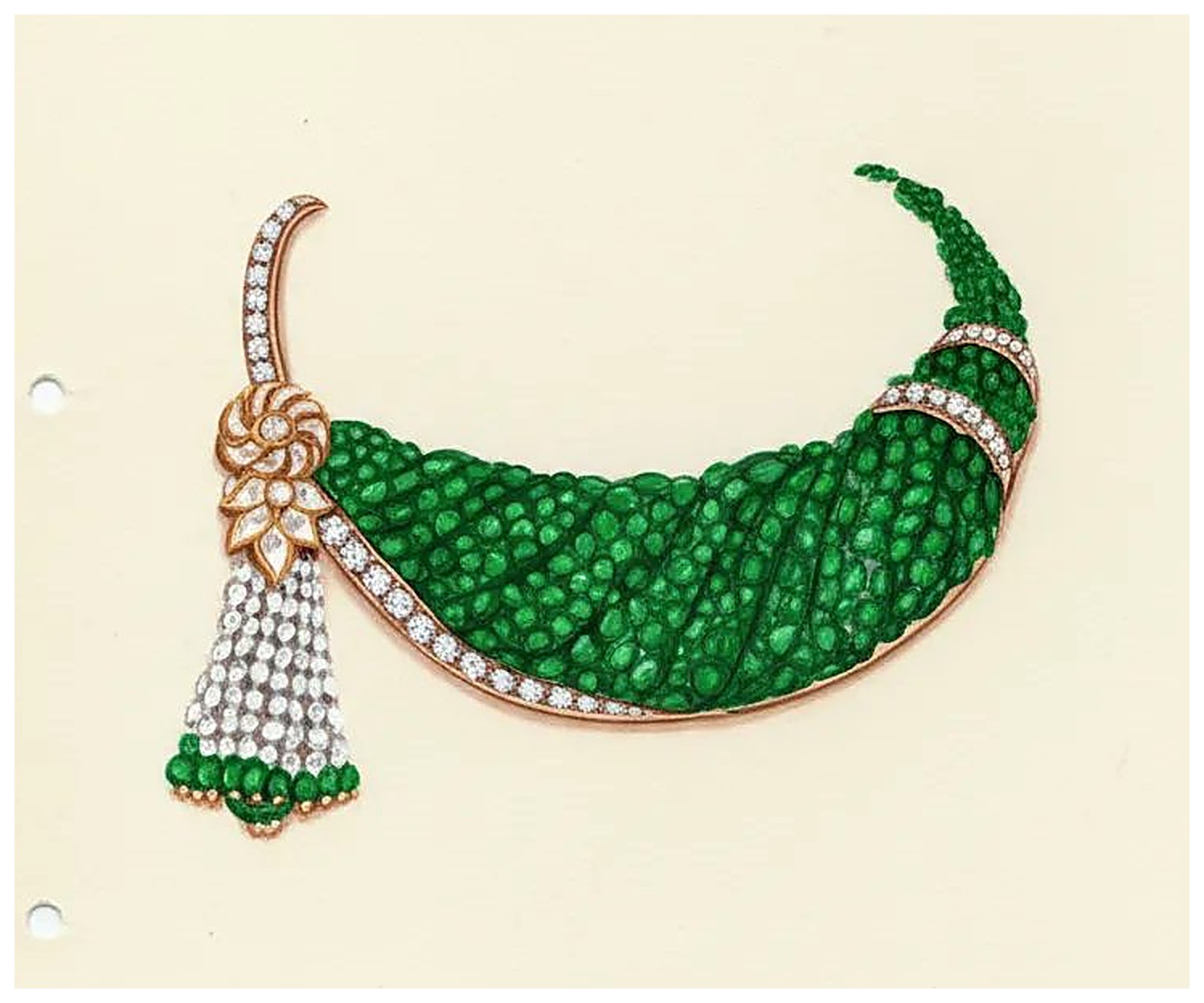 Hand-painted gouache design sketch, emerald bead necklace with diamond tassel